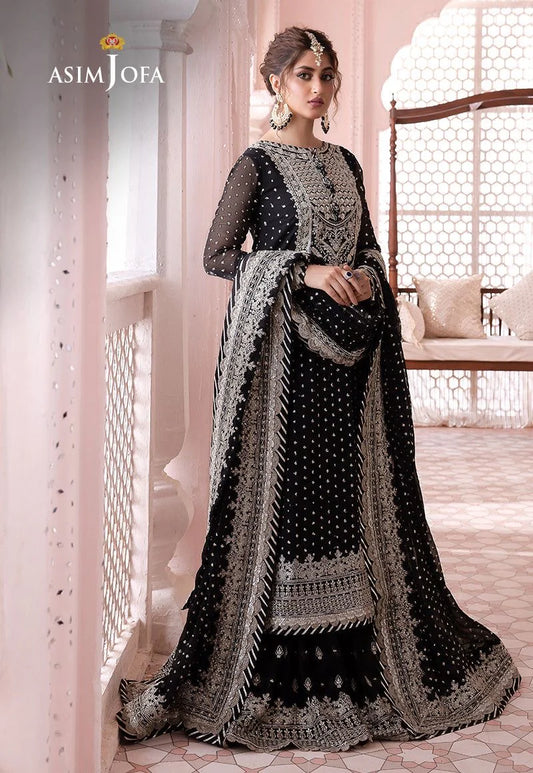 Asim Jofa 3Pcs Black Chiffon Formal Chandni Gharara | Unstitched