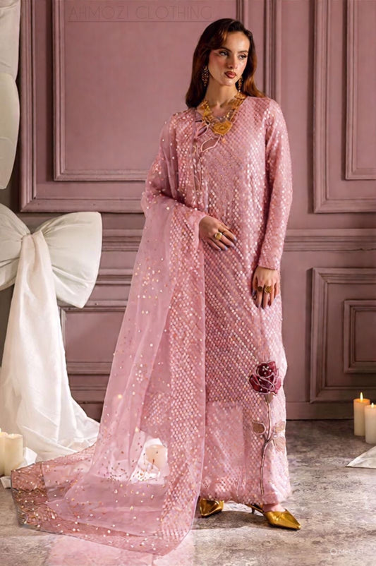 Nureh Luxury Pink Chiffon Sequence Embroidered Dress