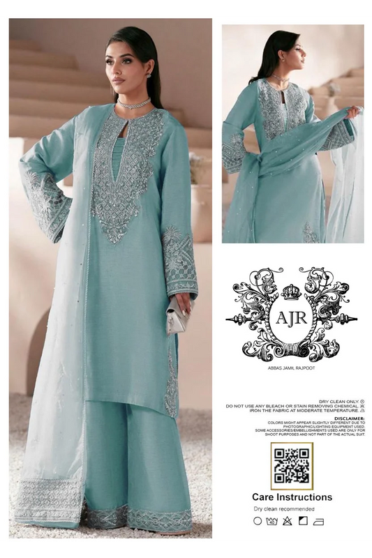 Ajr Couture Luxury Sheesha Silk Embroidered Dress - Mint