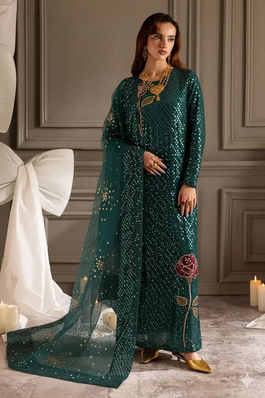 Nureh Luxury Teal Chiffon Sequence Embroidered Dress