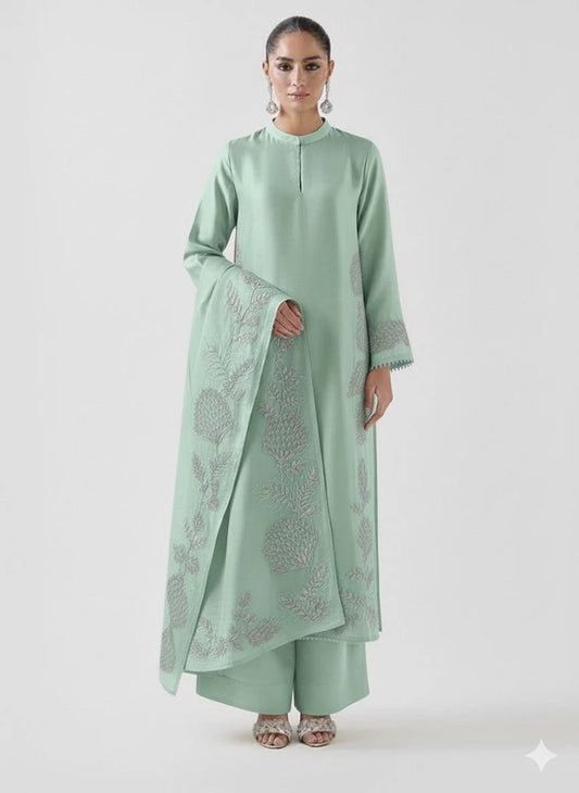 Agha Noor Sheesha Silk Embroidered & Handwork with Organza Dupatta (Aqua)