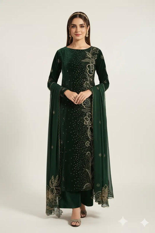 Iznik Luxury Green Velvet Embroidered Suit