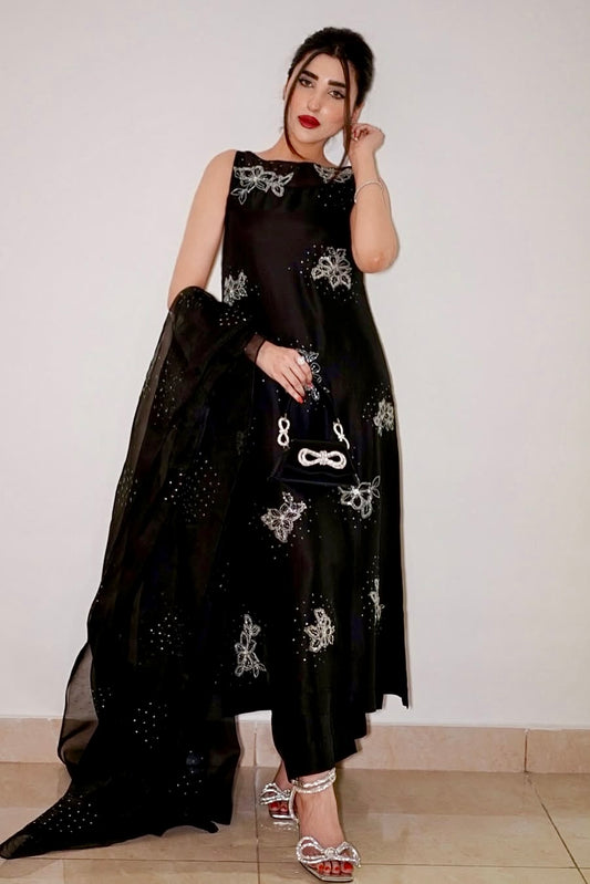 Farah Talib 3Pcs Black Organza Dress | Unstitched