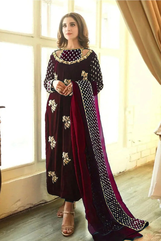 Afrozeh Embroidered Mehroon Hand Embellished Velvet Dress