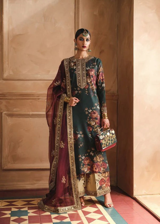 Humjoli Embroidered Dark Green Luxury lawn Dress with Voile Dupatta