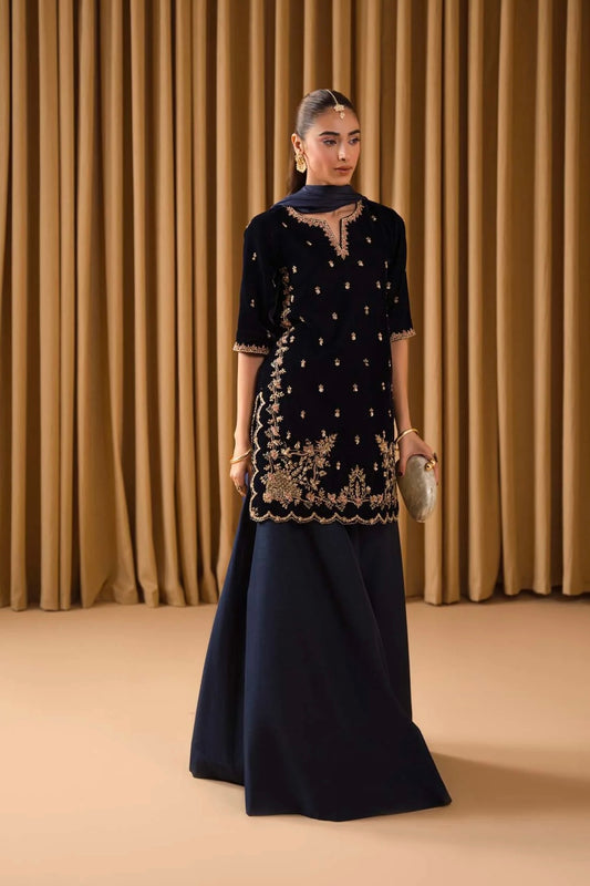 KAIDA AZURE VELVET MICRO 9000 HAND EMBELLISHED EMBROIDERED DRESS