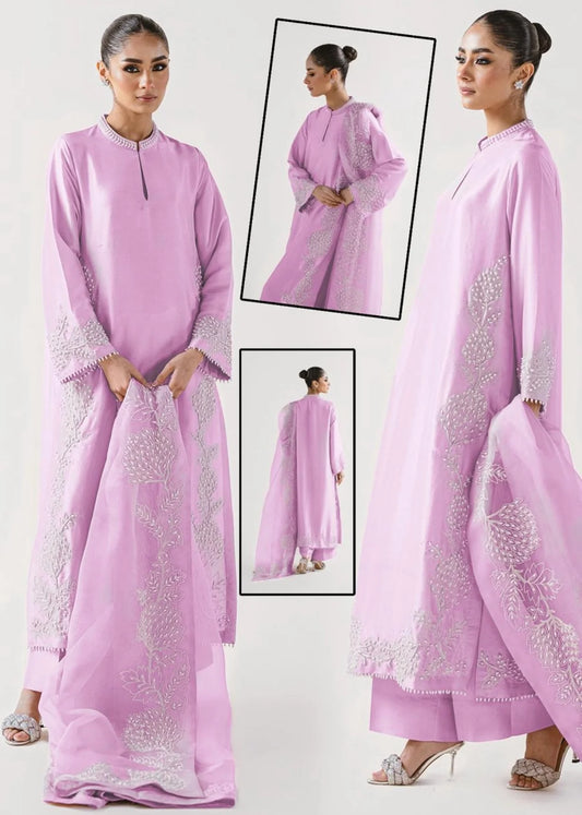 Agha Noor Lava Silk Embroidered Suit with Organza Dupatta - Elegant Lavender