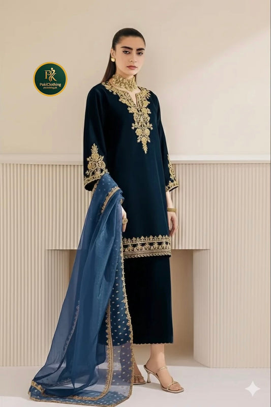 Baroque Velvet Hand Embellished 3Pc Dress - Zinc