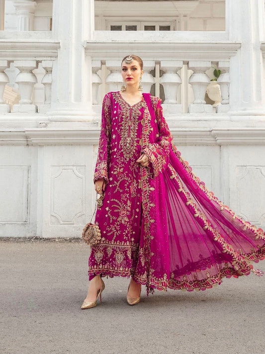 Maria.B Luxury Chiffon Pinkish Red Dress Embroidered 3 Piece Unstitched