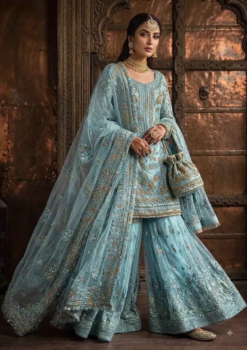 Erum khan SkyBlue 4Pc Net Sharara embroidered traditional outfit with matching wide-leg pants and a sheer dupatta, standing in front of an ornate brown wooden door. She is accessorized with gold jewelry and a matching embroidered clutch bag.