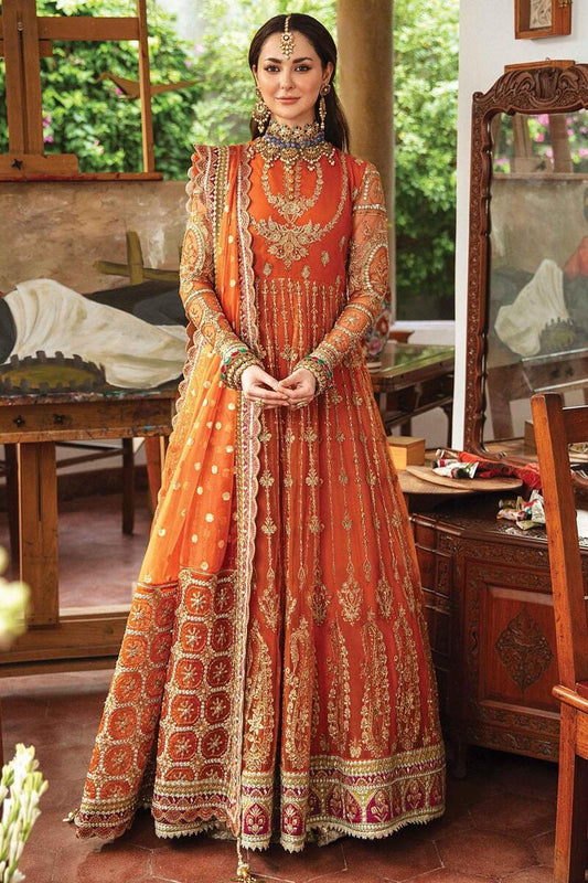 Afrozeh 3Pcs Orange Embroidered Net Frock