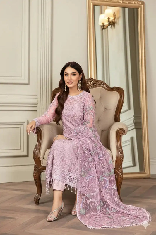 Zarif Baby Pink 3Pc Net Embroidered Collection