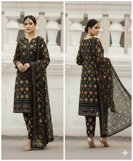 Aneela Black 3Pc Embroidered Chundri Lawn Dress