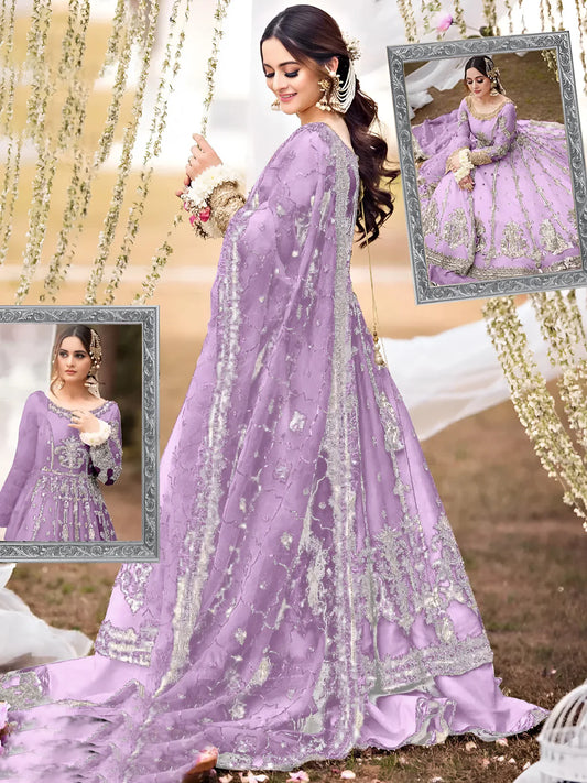Hira Mani Premium 16 Kaliyan Purple Net Frock | Unstitched