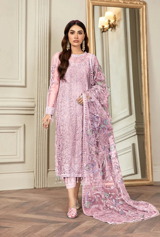 Zarif Baby Pink 3Pc Net Embroidered Collection