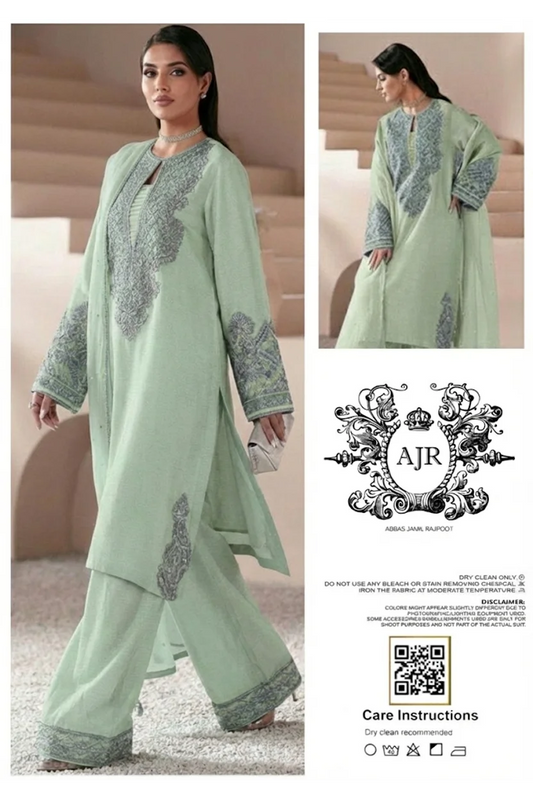 Ajr Couture Luxury Sheesha Silk Embroidered Dress - Green