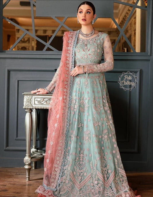 Emaan Adeel 3Pcs Aqua Net Frock