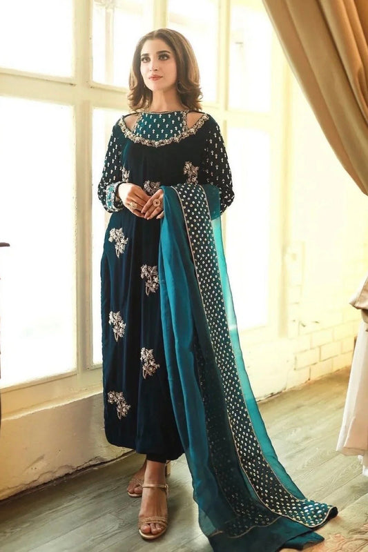 Afrozeh Embroidered Hand Embellished Velvet Dress