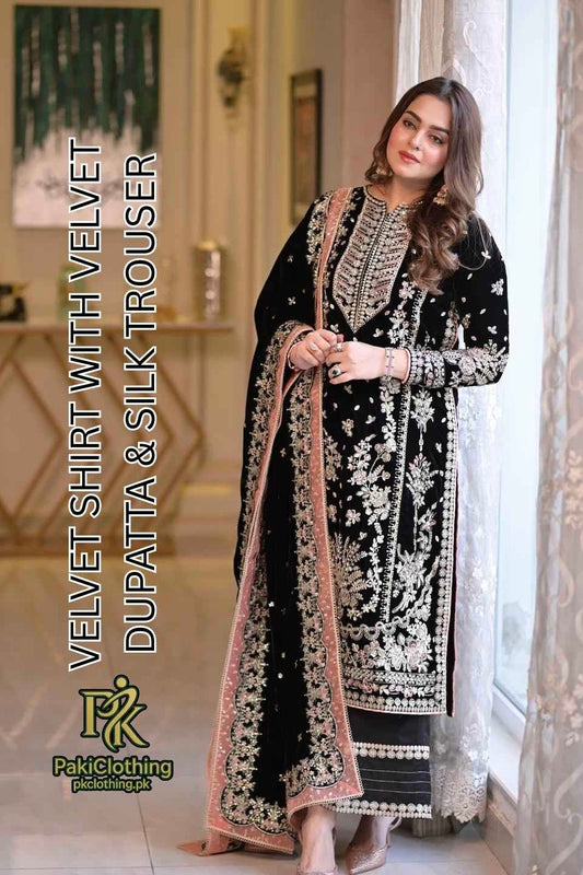 Aneela's Velvet Embroidered Hand Embellished Velvet Dupatta Collection- Black