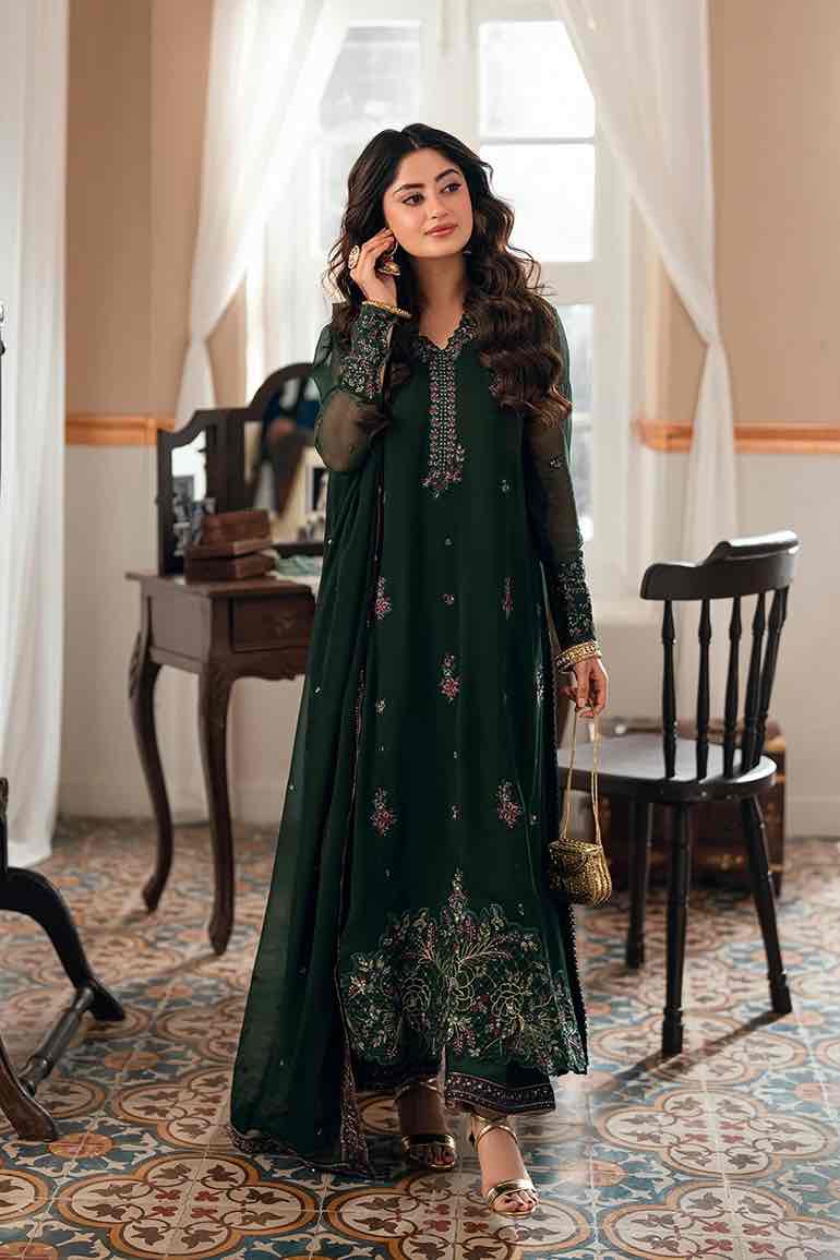Full-length view of Azure Glimmer Green unstitched chiffon suit featuring heavy embroidered daman and sheer sleeves Buy now