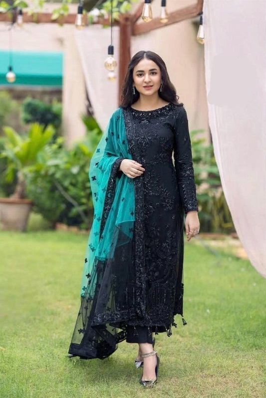 Imrozia Hand Embellished 3Pcs Black Net Dress