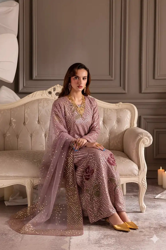 Nureh Luxury Mauve Chiffon Sequence Embroidered Dress