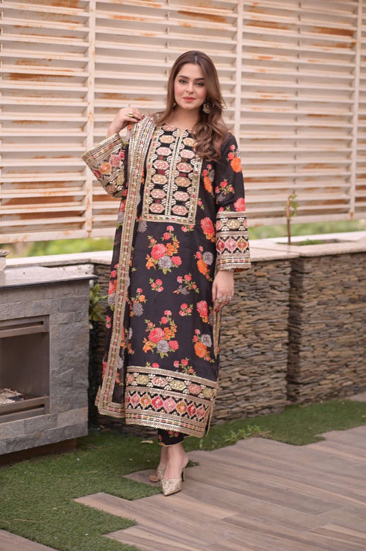 Aneelas Silk Embroidered Unstitched 3 Pc Dress