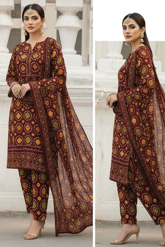Aneela Red 3Pc Embroidered Chundri Lawn Dress