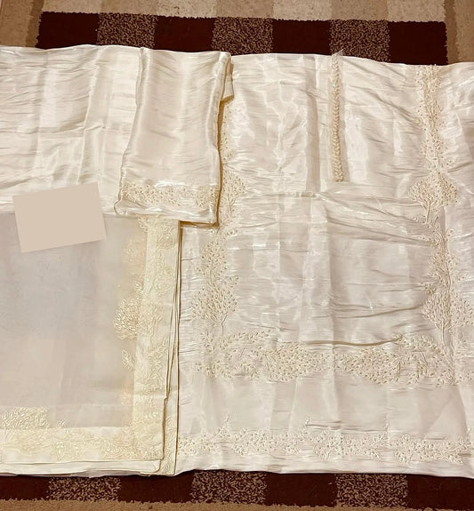 Agha Noor Lava Silk Embroidered Suit with Organza Dupatta - Elegant Off White
