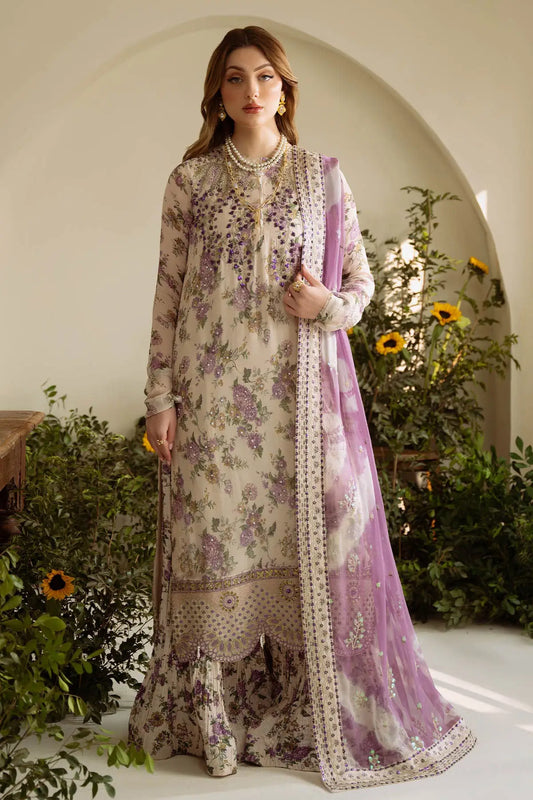 Front view of Nureh 3Pcs embroidered lawn dress in skin with matching dupatta by pkclothing.pk