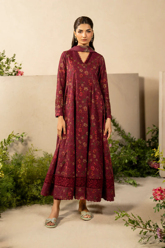 Iznik 3Piece Maroon Chickenkari Lawn Dress