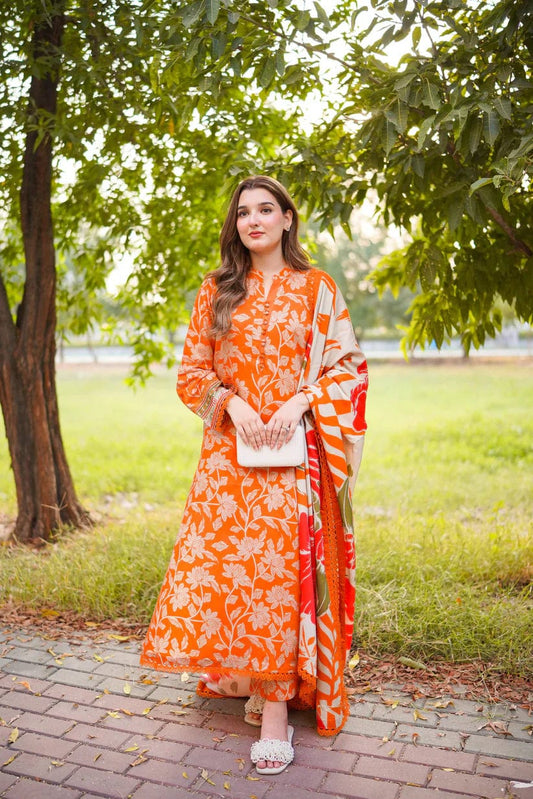 Aneela's orange Embroidered Luxury Lawn 3Pc Dress