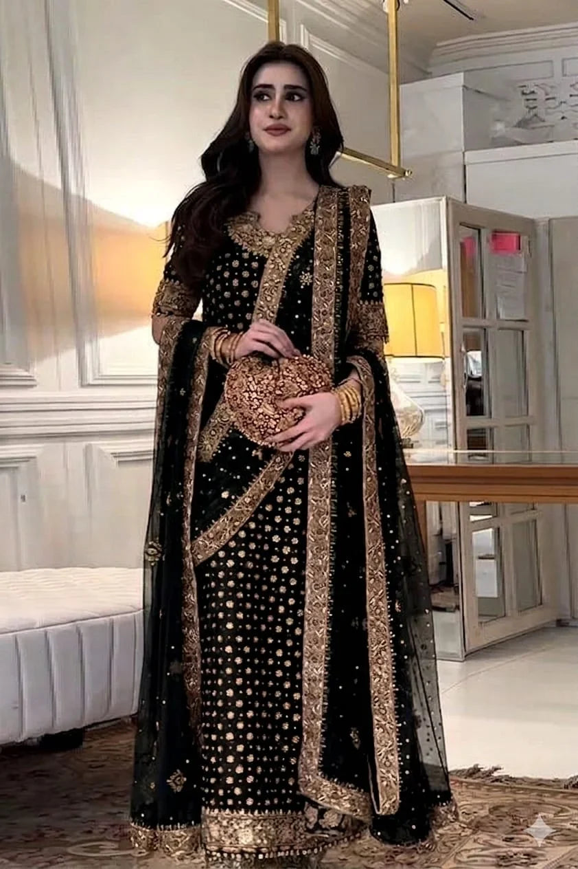 Front view of Haris Shakeel black chiffon embroidered long shirt with detailed neckline including clutch