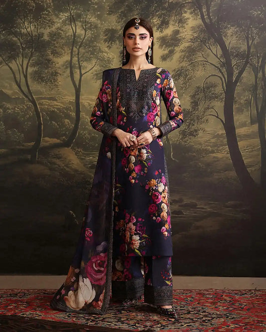 Humjoli Embroidered Dark Blue Luxury lawn Dress with Voile Dupatta