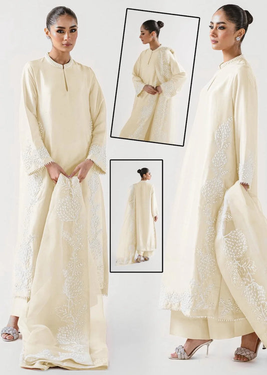Agha Noor Lava Silk Embroidered Suit with Organza Dupatta - Elegant Off White