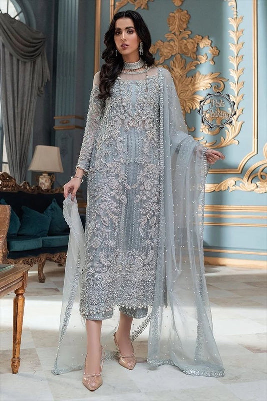 Laam 3Pcs Embroidered SkyBlue Net Dress
