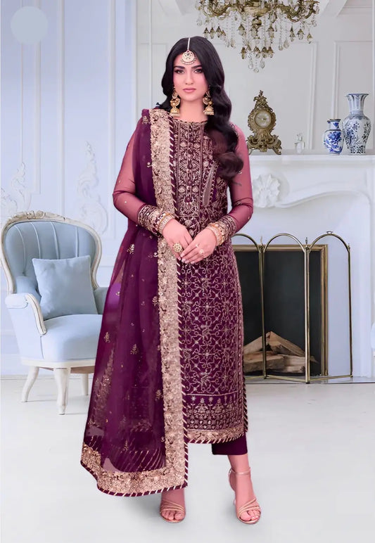 Asim Jofa Purple Chiffon 3Pc Embroidered Dress