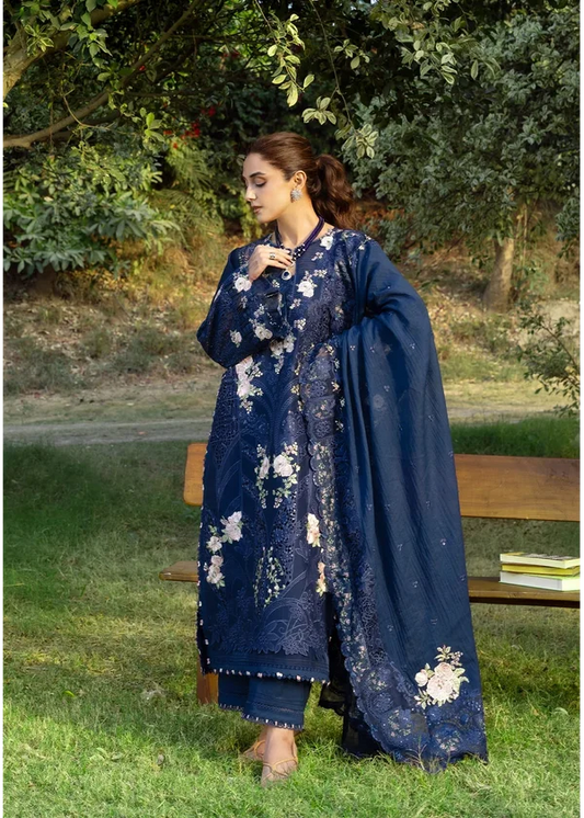Elaf Navy Blue Laserwork Chickenkari Lawn Dress Pose 1