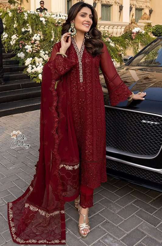 Azure 3Pcs Embroidered Mehroon Chiffon Dress