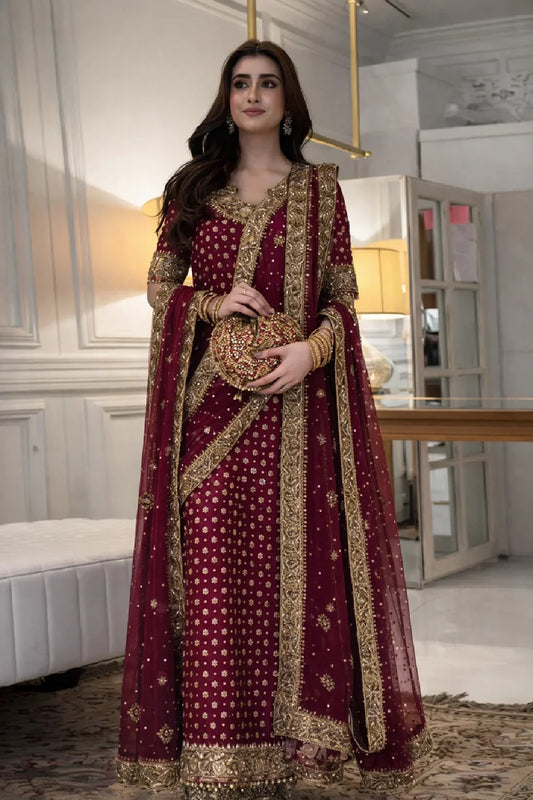 Haris Shakeel Chiffon Hand Embellished Dress with Clutch