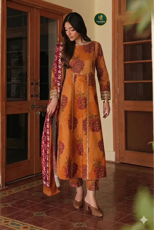 Iznik Orange Embroidered Lawn Dress Standing Pose