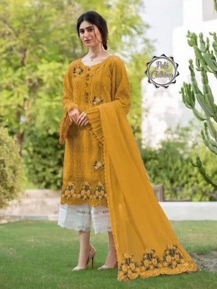 Zarqash Mustard 3Pc Chickenkari Lawn Dress
