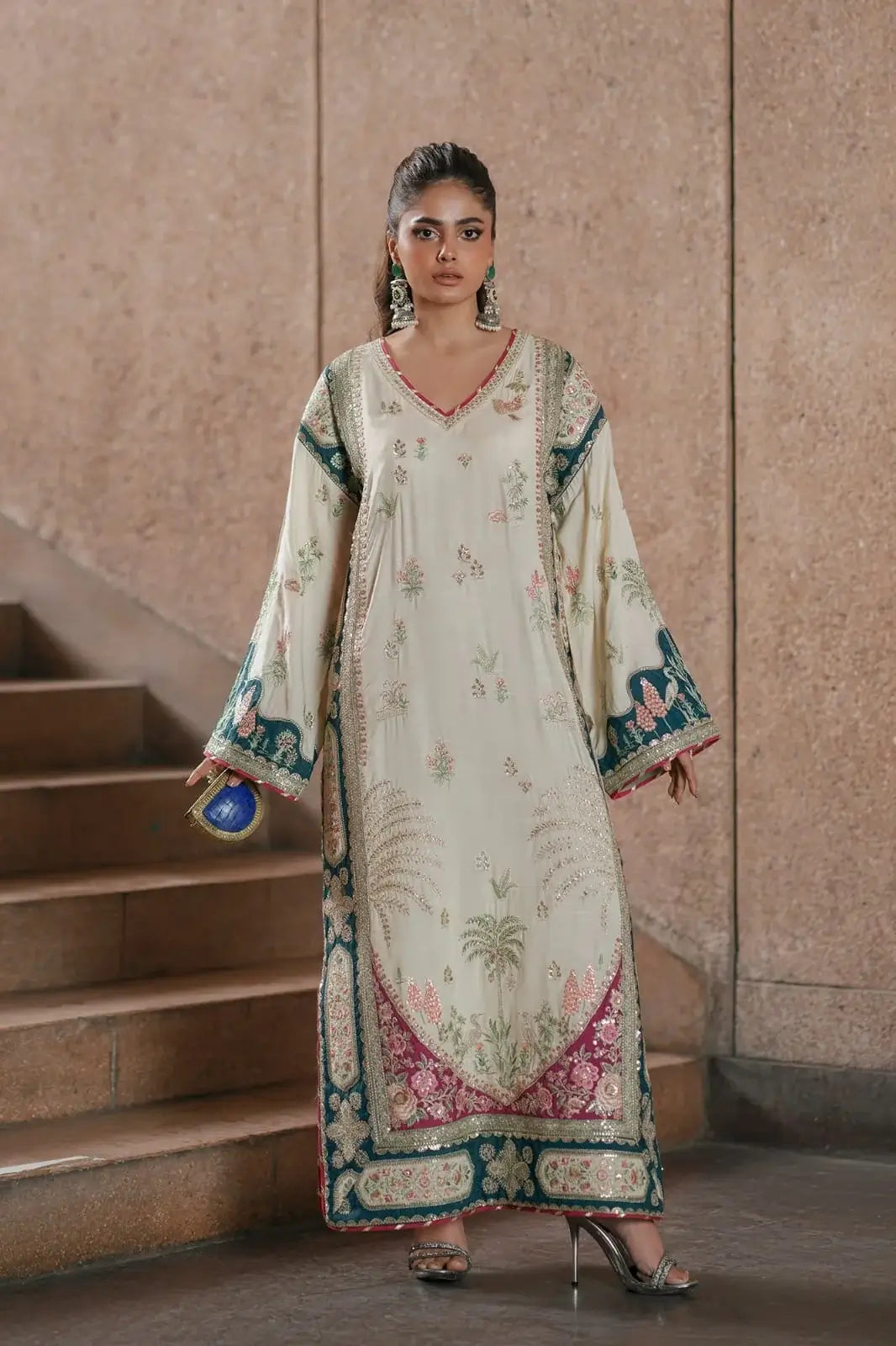 Ethnic Off-White Luxury Silk 2-Piece Kaftan Set at PakiClothing