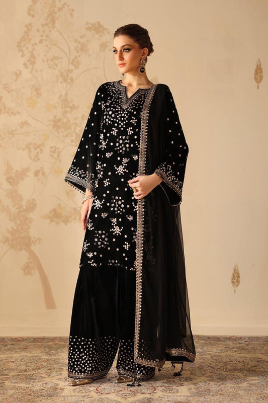 Baroque Black Velvet Embroidered Dress with Embroidered Trouser