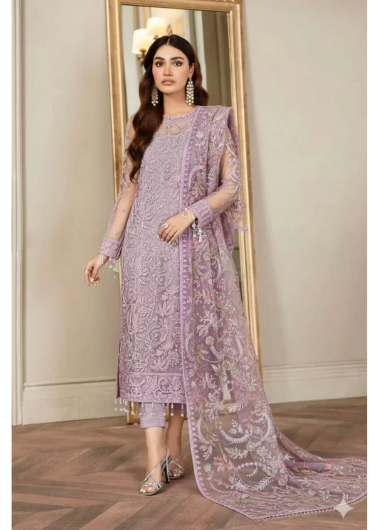 Zarif Lalic 3Pc Net Embroidered Dress