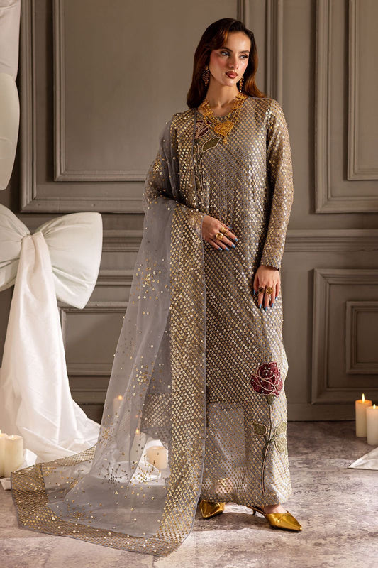 Nureh Luxury Grey Chiffon Sequence Embroidered Dress