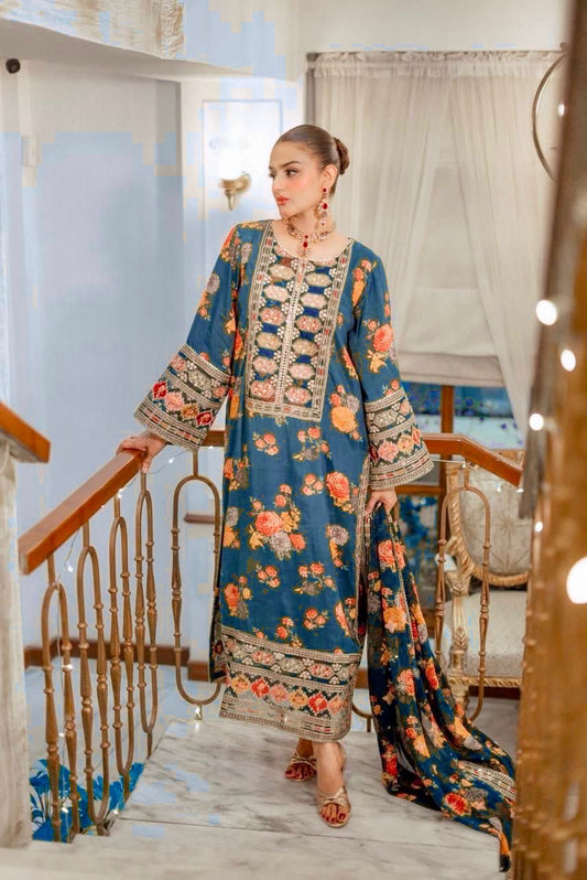 Aneelas Blue Silk Embroidered 3 Pc Dress