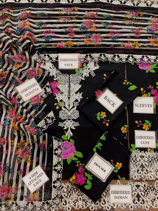 Aneela Black 3Pc Embroidered Lawn Dress