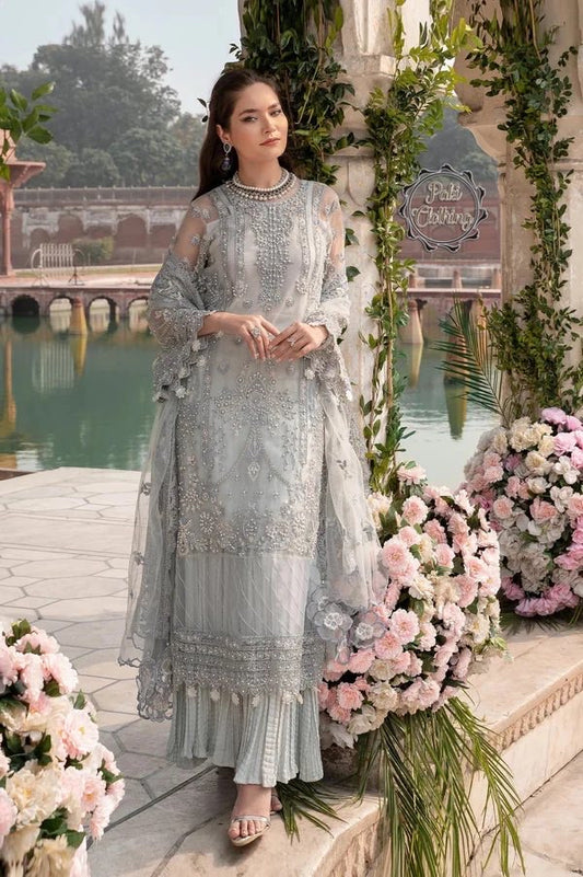 Meeral 3Pcs Embroidered Grey Net Dress