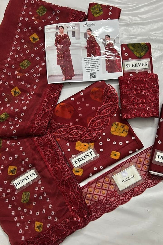 Aneela Red 3Pc Embroidered Chundri Lawn Dress